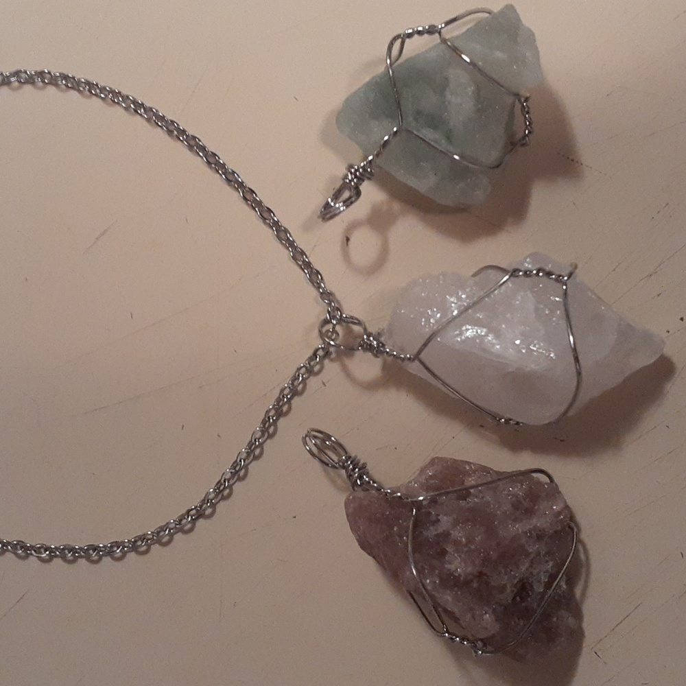 Artisan rough cut multi gemstone necklace, silvertone with stainless steel, 20"